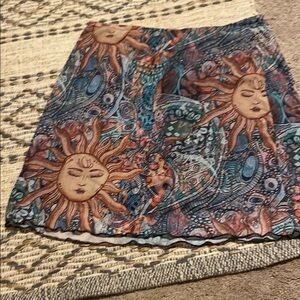Sun and Paisley Patterned Skirt - Blue and Brown